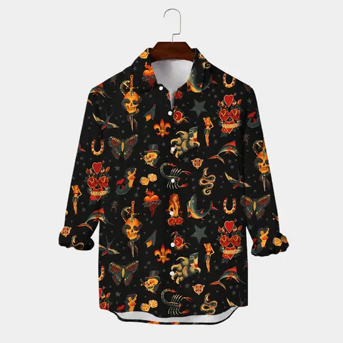 Chemise Hawaïenne Vintage Tattoo Flash Print Homme Manches Longues Polyester Button Down Casual Streetwear Top Mode Printemps Automne