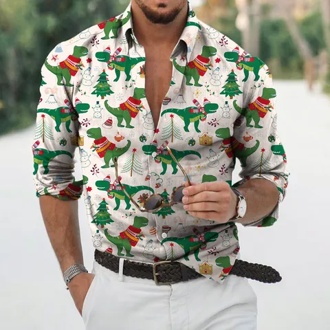 Men Christmas Long Sleeve Casual Shirt 3D Printed French Bulldog Dinosaur Snowman Turn-Down Collar Fashion Streetwear Top