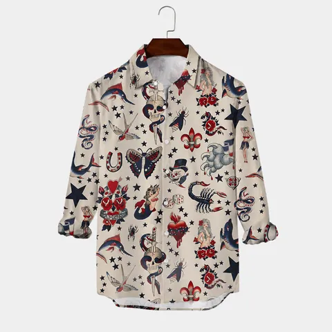 Chemise Hawaïenne Vintage Tattoo Flash Print Homme Manches Longues Polyester Button Down Casual Streetwear Top Mode Printemps Automne