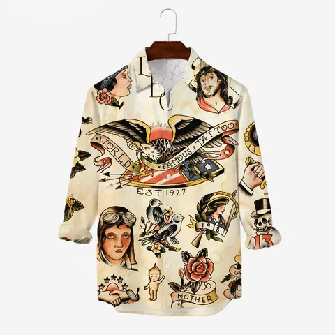 Heren Mode Retro 3D Print Hawaii Overhemd Lange Mouw Polyester Knoopsluiting Top Vintage Tatoeagestijl Casual Streetwear Overhemd