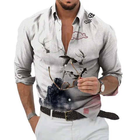 Camisa de Manga Larga para Hombre con Estampado de Paisaje a la Tinta de Estilo Chino Moda Casual Ajuste Delgado Top de Poliéster para Viajes Streetwear