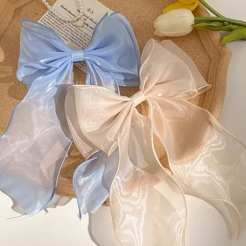 Large Mesh Bow Hair Clip Elegant Long Ribbon Hair Barrettes Sweet Hair Accessories For Women Daily Hair Styling