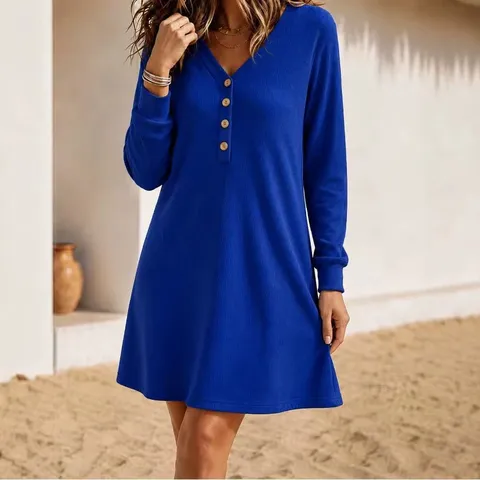 Women Ribbed Knit V-Neck Midi Dress Long Sleeve Button Front Casual Loose Solid Color Polyester Dress Autumn Winter