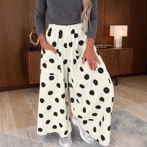 Women Casual Polka Dot Wide Leg Pants Loose High Elastic Waist Trousers With Pockets Printed Soft Polyester Autumn Fashion Bottoms