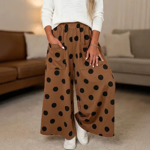 Women Casual Polka Dot Wide Leg Pants Loose High Elastic Waist Trousers With Pockets Printed Soft Polyester Autumn Fashion Bottoms