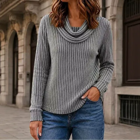 Women Long Sleeve Top Solid Color Knitted Polyester T-Shirt High Stack Neck Ribbed Casual Basic Slim Fit Top For Autumn