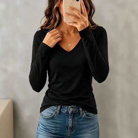 Women's Casual Polyester V-Neck Long Sleeve T-Shirt Solid Color Loose Fit Versatile Fall Autumn Commuter Top For Women