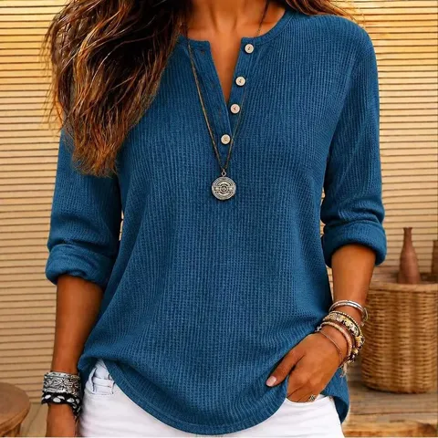 Women Casual Waffle Knit T-Shirt Henley Neck Long Sleeve Loose Solid Color Polyester Top For Daily Commuting