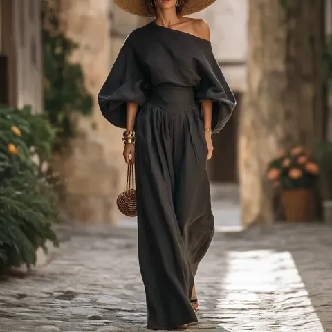 Women Off-Shoulder Top And Wide-Leg Pants Set Solid Color Cotton Lantern Sleeve Long Sleeve Minimalist Commuter Casual Outfit