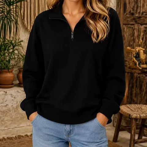 Women Half Zipper Long Sleeve Sweatshirt Loose Pullover Hoodie Solid Color Polyester Sporty Casual Top For Daily Wear