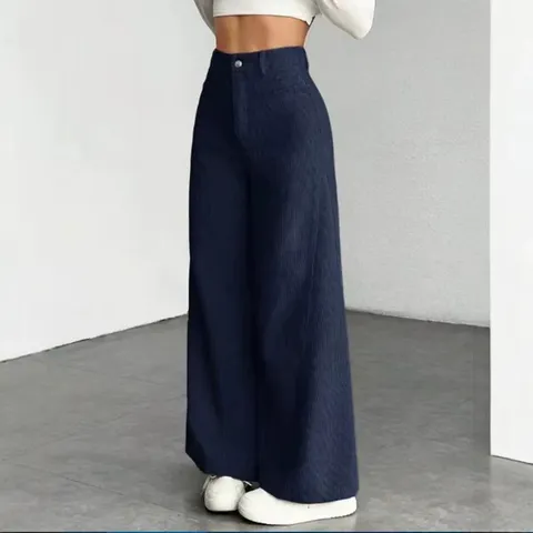 Women High Waist Corduroy Wide Leg Trousers Casual Loose Solid Color Polyester Straight Leg Pants For Autumn Winter Fashion