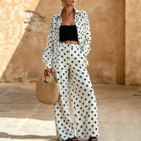 Women Polka Dot Casual Top And Bottom Set Loose Long Sleeve Shirt Wide Leg Pants Printed Polyester Fashion Commute Outfit
