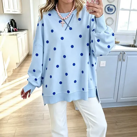 Women Loose Polka Dot Sweatshirt Long Sleeve Casual Round Neck Contrast Color Pullover Top Elegant Comfortable Outerwear