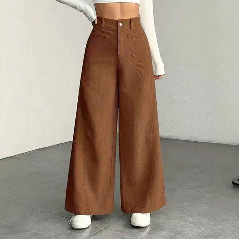Women High Waist Corduroy Wide Leg Trousers Casual Loose Solid Color Polyester Straight Leg Pants For Autumn Winter Fashion