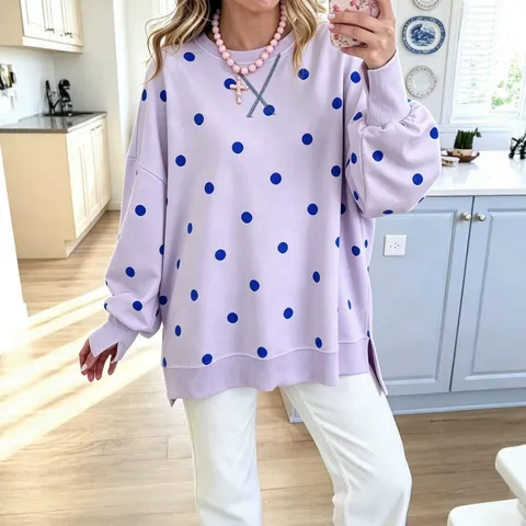 Women Loose Polka Dot Sweatshirt Long Sleeve Casual Round Neck Contrast Color Pullover Top Elegant Comfortable Outerwear