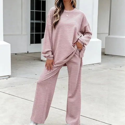 Women Knit Striped Pajamas Set Long Sleeve Top And Bottom Lounge Wear Two Piece Sleepwear Elastic Waist Pants Home Suit