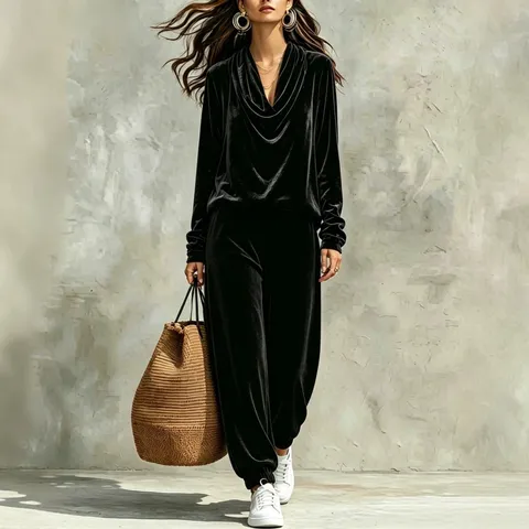 Women's Casual Velvet Pants Set Cowl Neck Long Sleeve Top And Joggers Two Piece Lounge Set Solid Color Autumn Winter Outfit