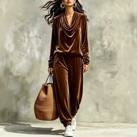 Women's Casual Velvet Pants Set Cowl Neck Long Sleeve Top And Joggers Two Piece Lounge Set Solid Color Autumn Winter Outfit