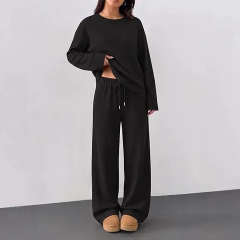 Women Casual Long Sleeve Round Neck Top And Wide Leg Pants Autumn Winter Solid Color Loose Fit Comfortable Lounge Clothing