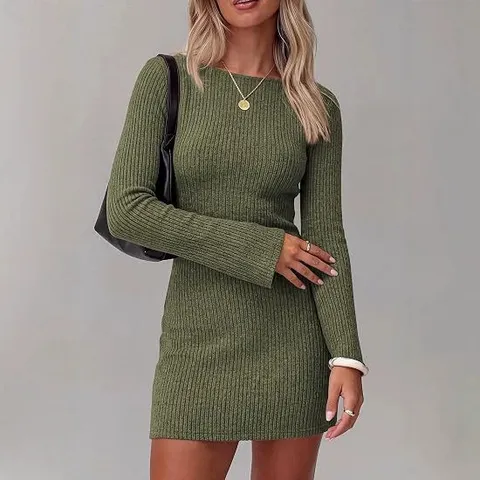 Women Autumn Winter Knit Bodycon Midi Dress Long Sleeve Ribbed Round Neck Solid Color Slim Fit Pullover Casual Fashion Sweater Dress