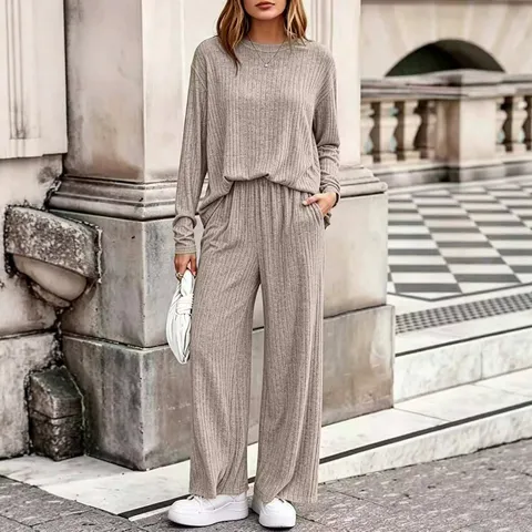 Women Ribbed Knit Top And Bottom Polyester Spandex Round Neck Long Sleeve Pullover Top And Wide Leg Pants Casual Autumn Loungewear