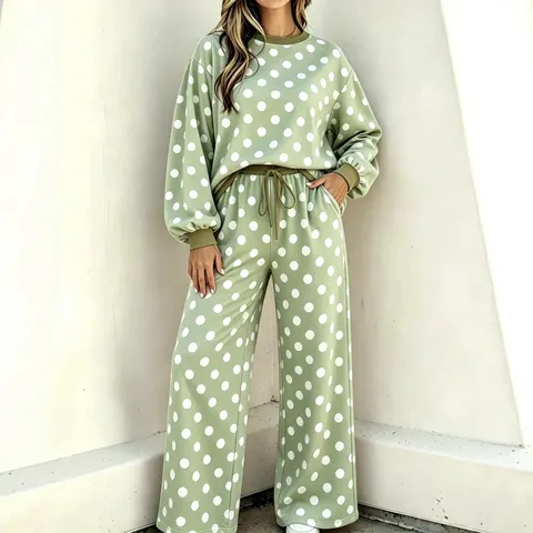 Women's Casual Polka Dot Printed Polyester Pants Set Round Neck Long Sleeve Top And Bottom With Pocket Drawstring Casual Co-ords