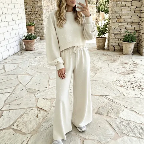 Women Casual Polka Dot Pants Set High Waist Wide Leg Long Sleeve Top Patchwork Design Two Piece Loungewear Outfit