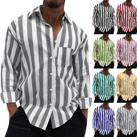 Men's Casual Long Sleeve Striped Shirt Button Down Lapel Beach Cardigan Polyester Lightweight Breathable Vertical Stripe Printed Top
