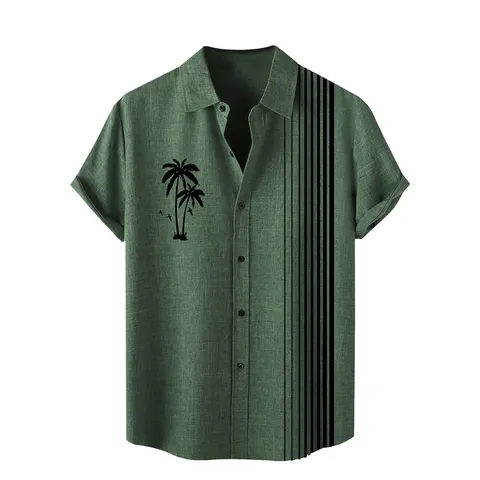 Men Retro Stripe Casual Shirt Tropical Palm Tree 3D Print Short Sleeve Lapel Button Down Top For Summer Vacation Beach