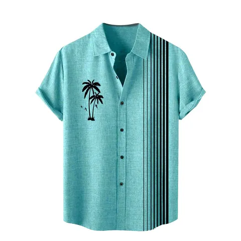 Men Retro Stripe Casual Shirt Tropical Palm Tree 3D Print Short Sleeve Lapel Button Down Top For Summer Vacation Beach