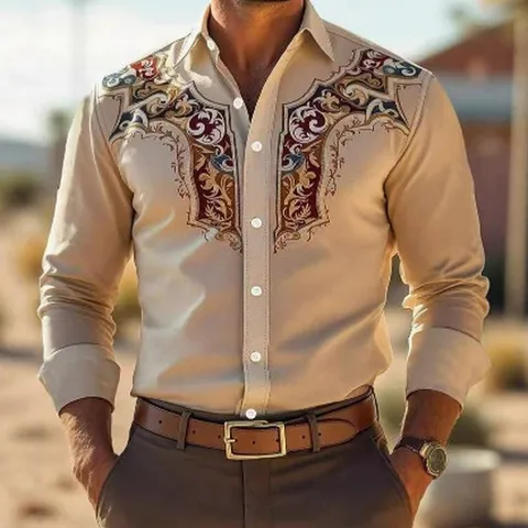 Western Cowboy Style 3D Digital Printed Long Sleeve Shirt For Men Retro Lapel Contrast Pattern Casual Shirt Top