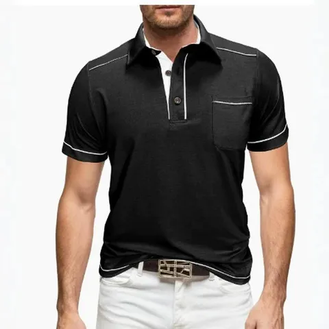 Urban Casual Herren Polohemd Mit Kontrast-Patchwork Polyester Atmungsaktiv Kurzarm Top Mit Brusttasche Für Den Alltag