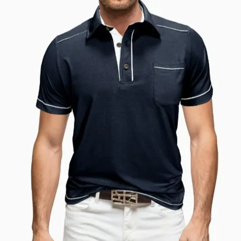 Urban Casual Herren Polohemd Mit Kontrast-Patchwork Polyester Atmungsaktiv Kurzarm Top Mit Brusttasche Für Den Alltag