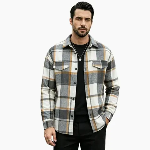 Men Vintage Plaid Lapel Shirt Jacket Loose Fit Long Sleeve Button Up Printed Flannel Shacket For Men Casual Everyday Top