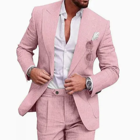 Men Slim Fit Polyester Suit Top And Bottom Casual Linen Look Blazer And Pants For Wedding Business Party Daily Dress Apparel