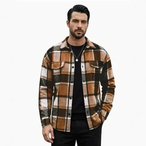 Men Vintage Plaid Lapel Shirt Jacket Loose Fit Long Sleeve Button Up Printed Flannel Shacket For Men Casual Everyday Top
