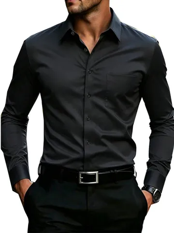 Men's Casual Long Sleeve Shirt Turndown Collar Polyester Solid Color Button Up Top With Pocket Business Fashion Apparel