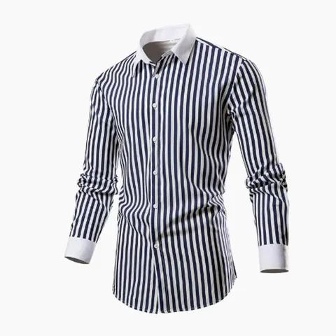 Men's Casual Striped Long Sleeve Shirt Fashion Business Slim Fit Lapel Button Down Polyester Top Office Work Wear Shirt