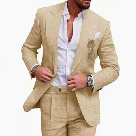 Men Slim Fit Polyester Suit Top And Bottom Casual Linen Look Blazer And Pants For Wedding Business Party Daily Dress Apparel