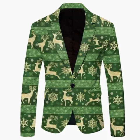 Men's Slim Fit Christmas Blazer Holiday Party Top Polyester Printed Reindeer Snowflake Pattern Festive Xmas Suit Jacket