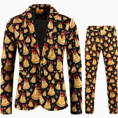 Men's Christmas Digital Print Suit Set Top And Bottom Slim Fit Casual Blazer And Pants Festive Party Outfits Men Outerwear