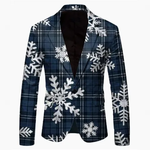 Men's Slim Fit Christmas Blazer Holiday Party Top Polyester Printed Reindeer Snowflake Pattern Festive Xmas Suit Jacket