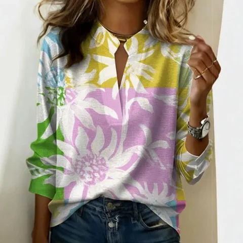 Dames Casual V-hals Lange Mouw Polyester Top Digitale Bloemen Geometrische Print Bohemian Stijl Losse Blouse