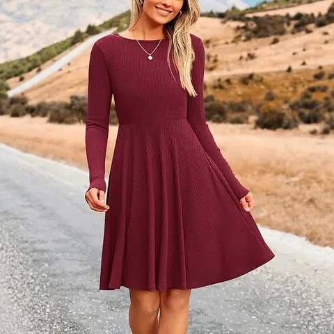 Women's Autumn Winter Long Sleeve Round Neck Solid Color Polyester Ribbed Knit A-Line Midi Dress For Office Casual Elegant