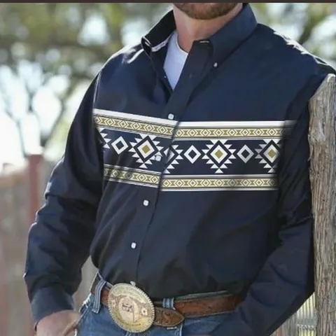 Men's Vintage 3D Printed Shirt Slim Fit Long Sleeve Button Up Casual Formal Polyester Western Ethnic Geometric Shirt