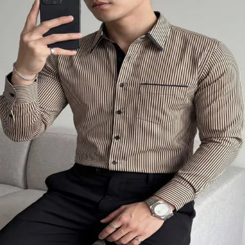 Men's Casual Striped Long Sleeve Shirt Polyester Turn-down Collar Button Down Top For Smart Fashion Urban Daily Wear