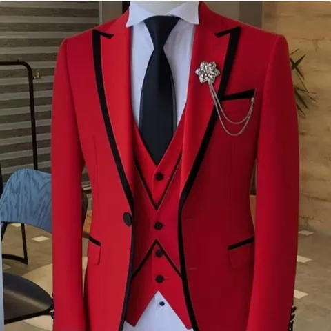 Men Business Casual Slim Fit Polyester Suit Set Contrast Lapel Single Button Blazer Jacket And Pants For Wedding Party Gift
