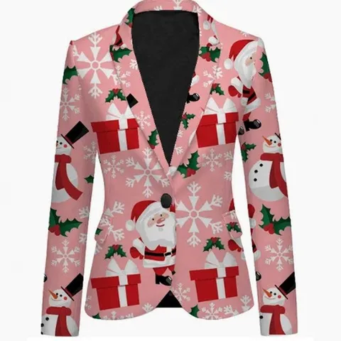Unisex Christmas Printed Suit Jacket Men Women Festive Party Blazer Long Sleeve Lapel Polyester Outerwear Casual Streetwear Top