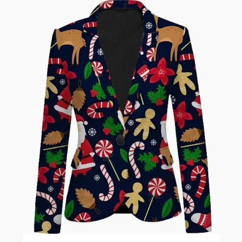 Unisex Christmas Printed Suit Jacket Men Women Festive Party Blazer Long Sleeve Lapel Polyester Outerwear Casual Streetwear Top
