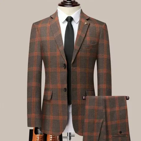Men Business Suit Set Slim Fit Plaid Blazer And Pants Smart Casual Color Block Formal Suit For Office Wedding Party